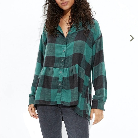 AMERICAN EAGLE Green And Black Checkered Oversized Button Down Tunic Top - Picture 1 of 5